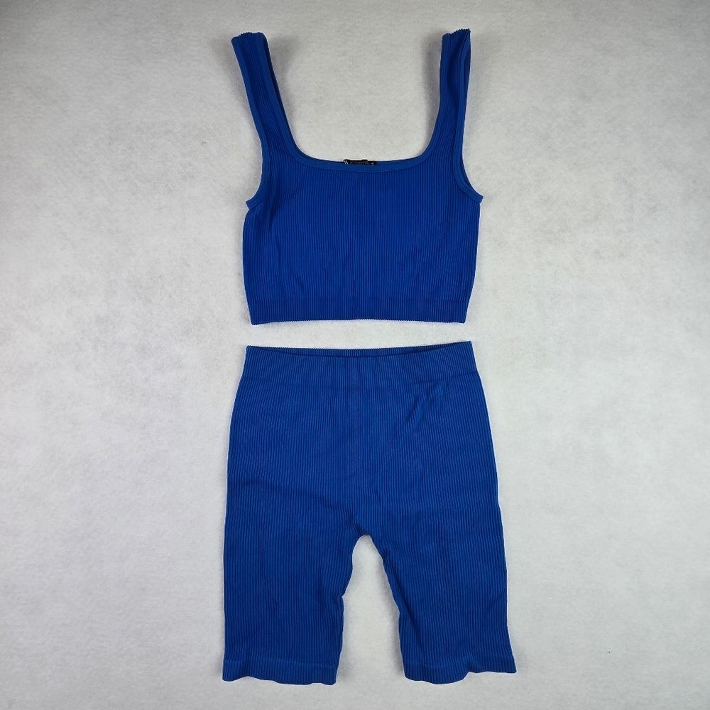 Zara Blue Ribbed Crop Top and Shorts Set